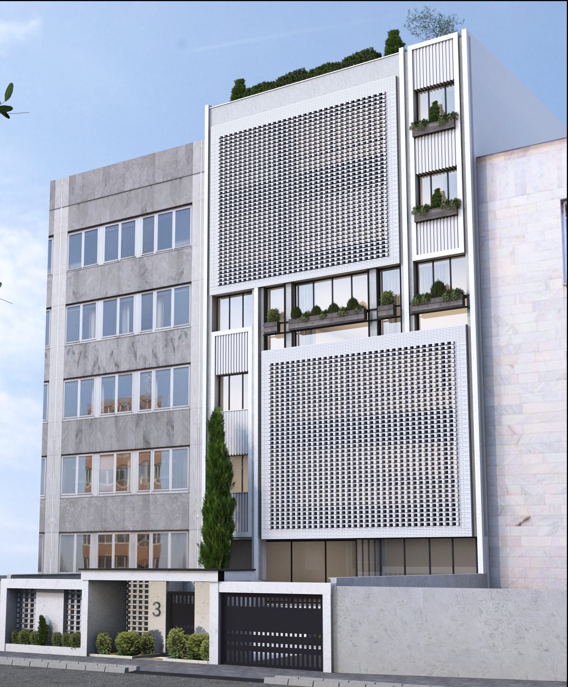 نمای سه‌رخ ساختمان مسکونی نخلکش از سمت چپ