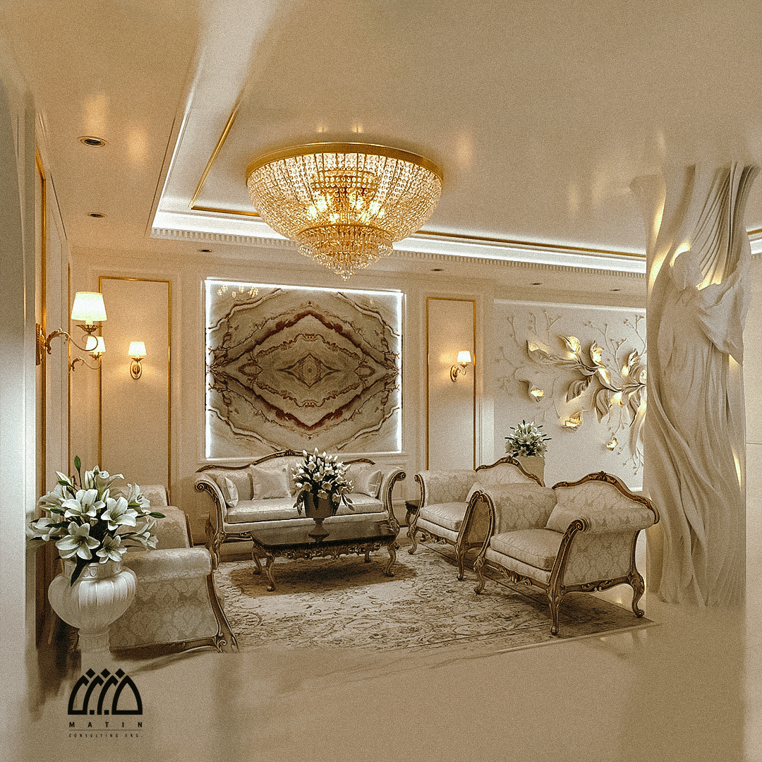 نقش برجسته گچی گیاهی و پیکره در دیوار سالن پذیرایی عمارت بهستان