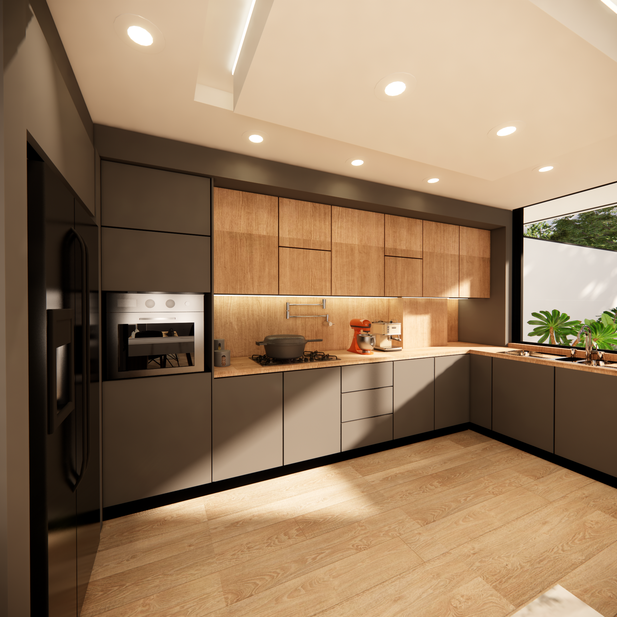 آشپزخانه ال‌شکل ویلا سبزینه با کابینت خاکستری مات و چوب