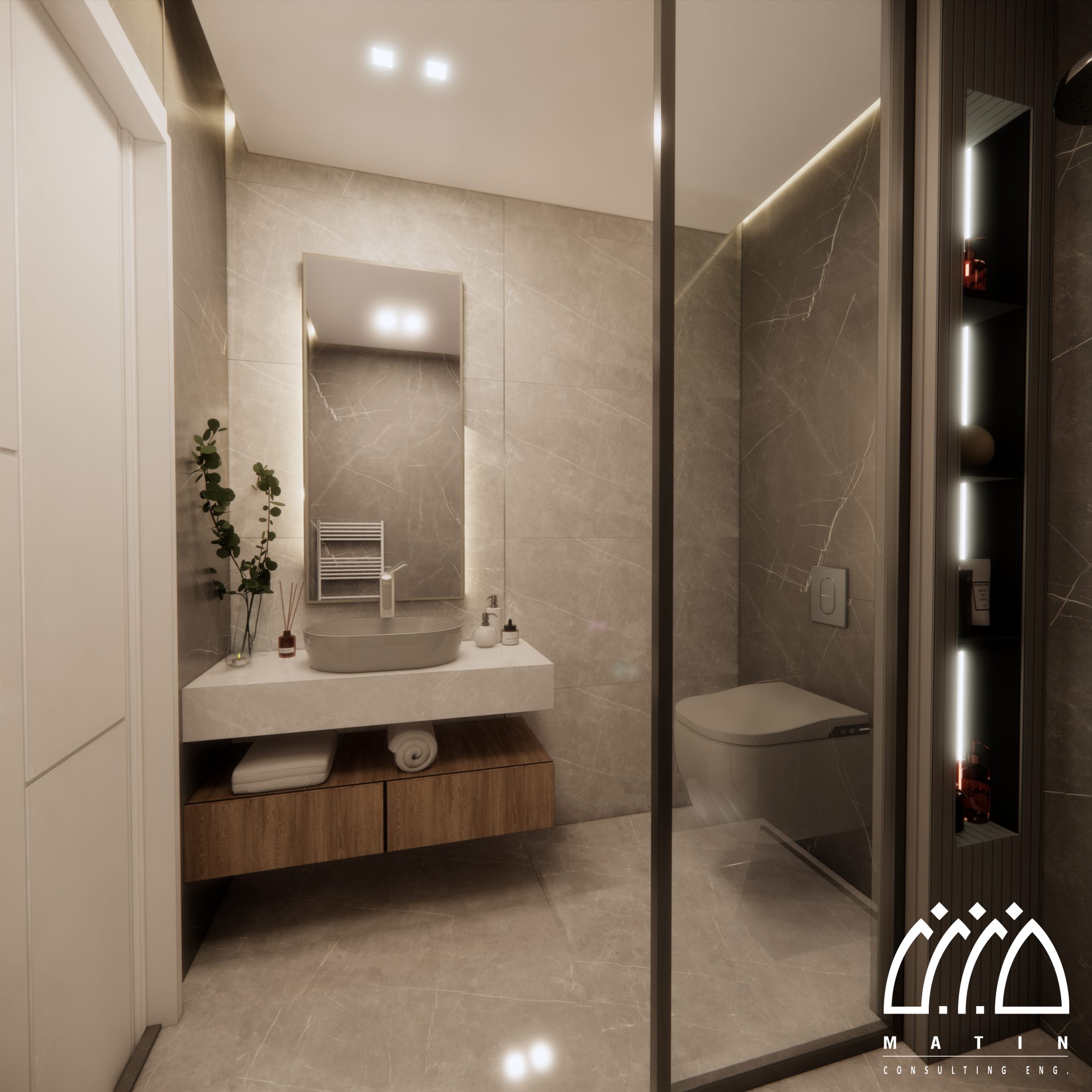 سرویس بهداشتی ویلا ۱۷ با سنگ خاکستری رگه‌دار و کابینت معلق چوبی