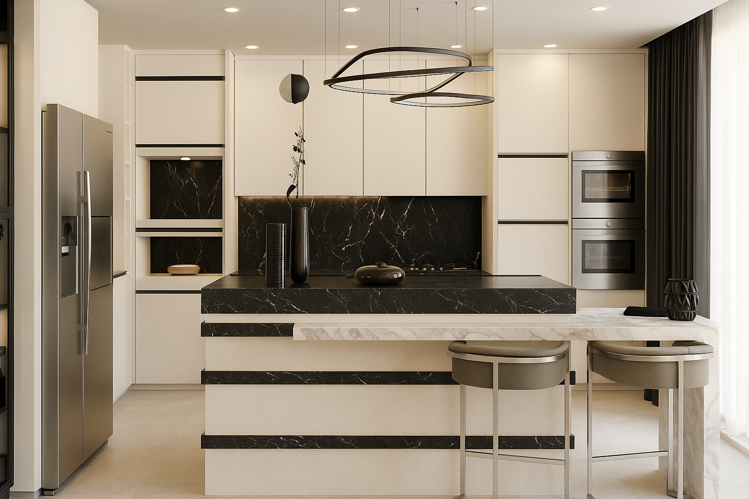 آشپزخانه ویلا مزرعه با کابینت کرم مات و جزیره سنگ مشکی رگه‌دار
