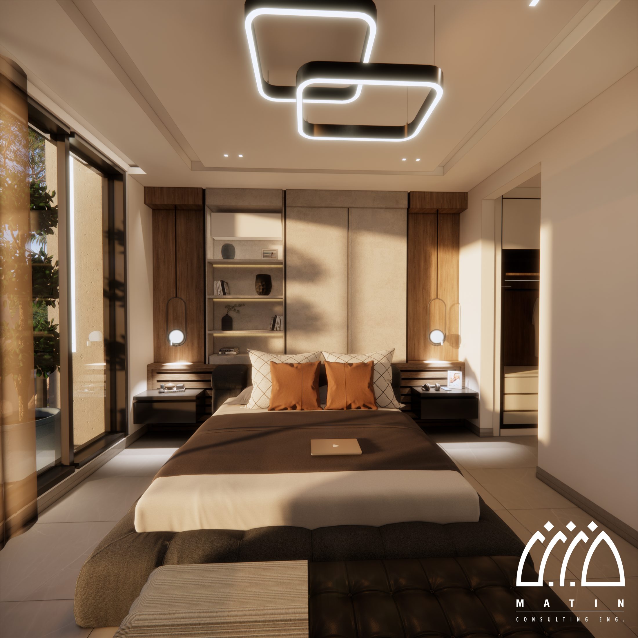 اتاق خواب ویلا ۱۷ در نور غروب با لوستر LED